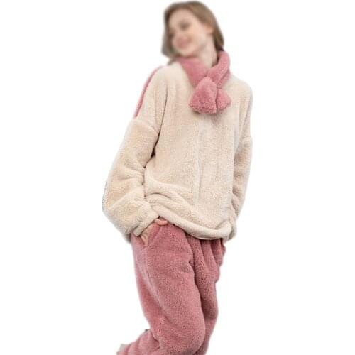 YIHAXUAN Woman Pajams Loose Round Collar Contracted Pajamas Set Female More Warm Home Bathrobe
