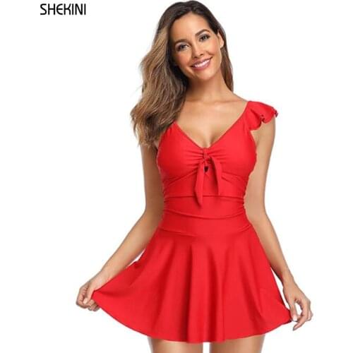 SHEKINI Womens One Piece Swimsuit Ruffle Tie Knot Front Ruched Retro Swimdress Summer Beach Bathing Suit Elegant Bikini Set
