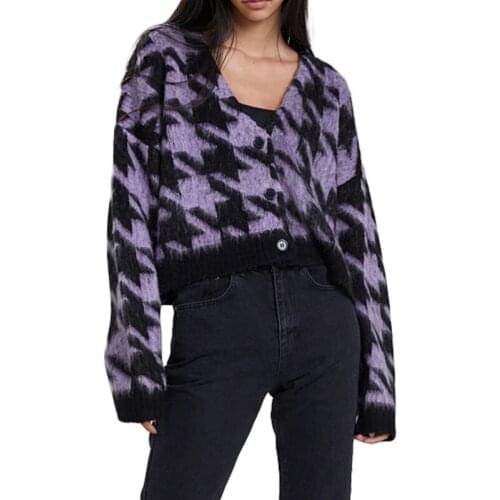 Women Color Block Sweater, Adults Button-down Houndstooth Pattern Long Sleeve V-neck Knit Cardigan Spring Autumn