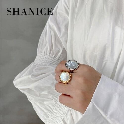 SHANICE 925 Sterling Silver Open Ring mother pearl shell Bead Charm Gold Ring gold Wrap resizble Open Rings Cuff For Women