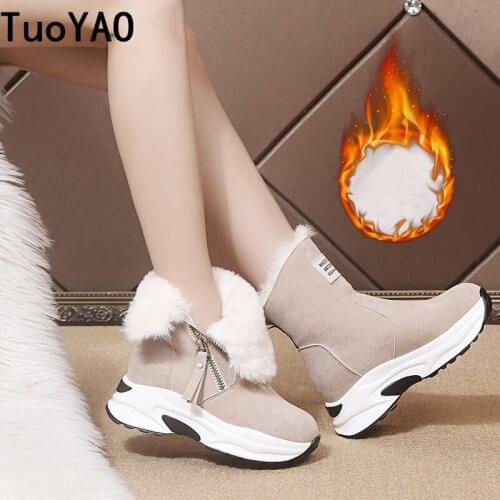 Winter Women Warm Ankle Boots 6CM Heels High Top Wedge Boots Warm Fur Platform Leather Sneakers Cotton Snow Boots For Woman New