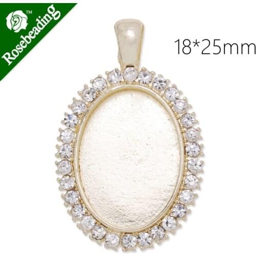 18x25mm Light gold Oval pendant tray with clear Rhinestone,Zinc Alloy filled,10pcs/lot-C4187