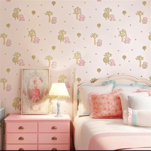 BEIBEHANG Childrens room boys and girls room full wallpaper 3D three-dimensional relief bears tree Pink blue 3d wallpaper roll