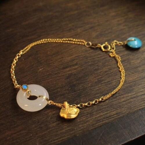 Natural Hetian White Jade Safe Clasp Bracelet Chinese Style Retro Ingot Light Luxury Charm Womens Silver Jewelry