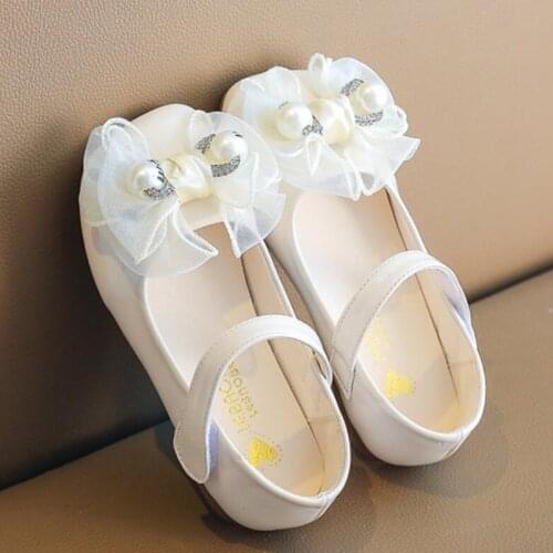 Flower Children Little Girls' White Single Leather Shoes Kids Pearls Bowtie Wedding Party Princess Shoes Childrens Baby Shoes