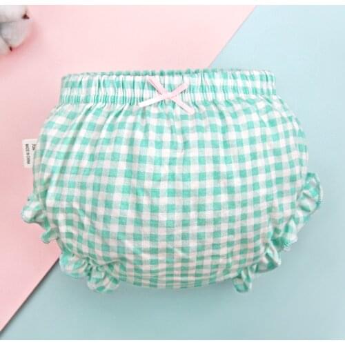 Lucky Big Cat Childrens underwear ruffled small bowknot bread pants printed diaper pants(Cyan grid)
