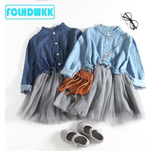 Girls denim dress 2020 spring new Kids Long Sleeve tutu mesh splicing dresses baby cowboy princess fluffy dress 3 6 8 Years Vest