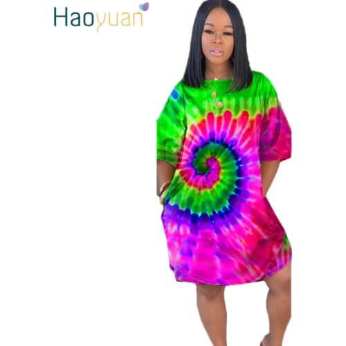 HAOYUAN Tie Dye Plus Size Dress Women Fall Clothing Robe Femme Oversized Vestido Sexy Club Christmas Dress Loose T Shirt Dresses