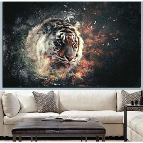 HD Print 3D Tiger in Fire Animals Oil Painting on Canvas Pop Art Modern Wall Picture for Living Room Poster Sofa Cudros Decor