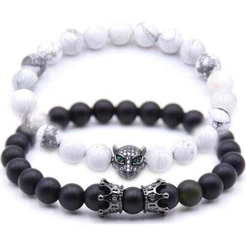 KANGKANG 2PCS/Set Unique fashion 18 styles 8mm Natural stone bead Bracelet Leopard head Bracelets Joyas For Women&Men charm 2018