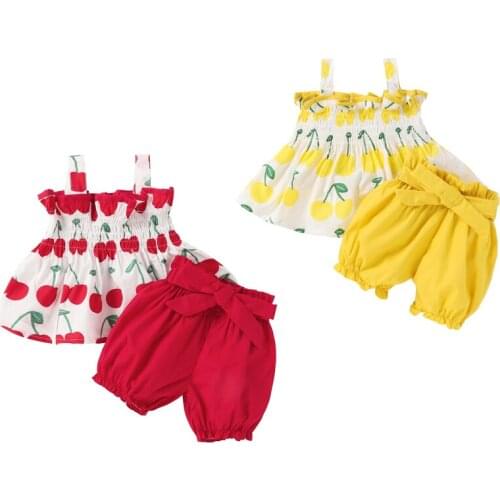 FOCUSNORM 0-24M Baby Girls Summer Clothes Sets Strap Sleeveless Fruit Printed Ruffles Dress Tops Shorts 2 Colors