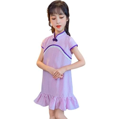 Girl Summer Dresses Plaid Pattern Girl Party Dress Lace Children Party Dresses Chinese Style Clothes For Girls