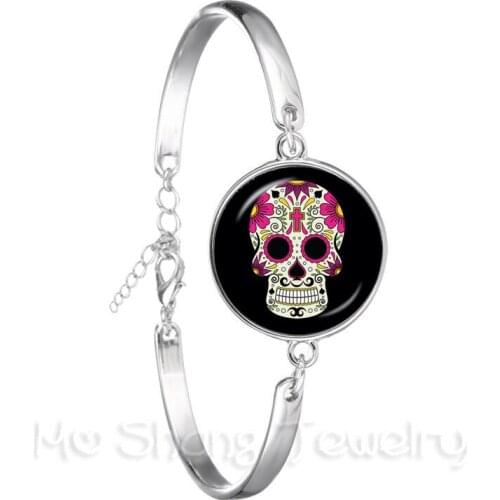 Mexico Candycolor Skeleton Bracelet Glass Dome Bohemia Silver Plated Chain Bangle Personalized Jewelry Day Of the Dead Gifts