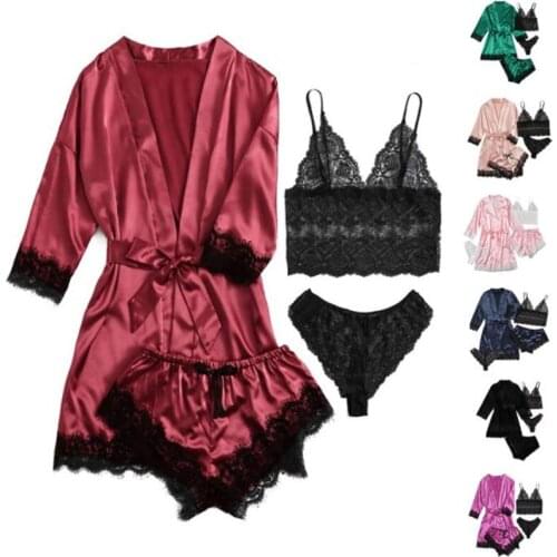 NEW Women Sexy Four-piece Pajamas Set Pluss Size Sexy Sleepwear Set Lace Hem Underwear Panties Shorts and Nightgown Homewear