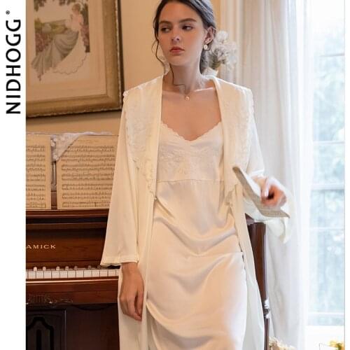 Autumn Retro Embroidered Long-sleeved Nightgown Apricot Condole Belt Nightdress High-end Silk Sexy Robe Sets Two-piece Sleepwear