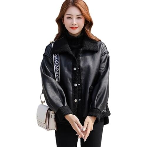 Plus size Women Winter Leather Coat Imitation lambs wool Short Coat Thicken Loose Jacket Female Flocking Oversize Parka G775