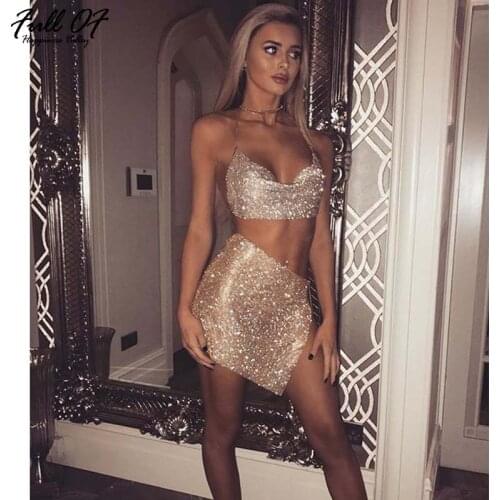 Sexy Metal Crystal Diamonds Chain Women Sequins Dress Two pieces Set 2020 New Summer Gold silver Luxury Night club party Dresses