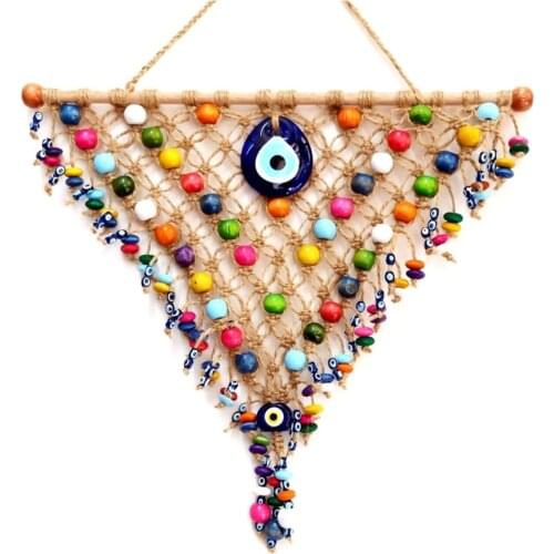 Triangle Handmade-Jute İp Knitted Beaded Amulet-Door And Wall Decoration-Evil eye bead