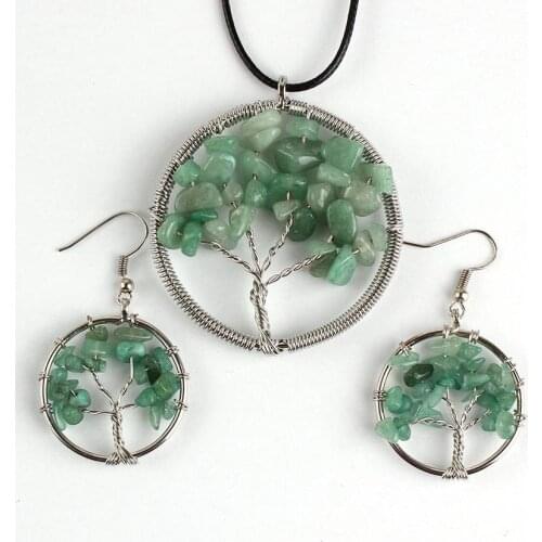 YJXP Silver Plated Tree of Life Green Aventurine Pendant Rope Chain Necklace Drop Earrings Trendy Round Shaped Boho Jewelry Sets