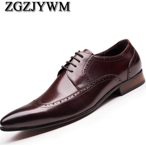 ZGZJYWM New Fashion Comfortable Black/Red Genuine Leather Lace-Up Carved Pointed Toe Flat Man Casual Classic Gentleman Shoes