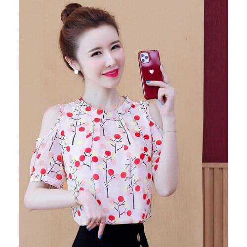 Western style strapless floral chiffon shirt womens short-sleeved summer 2021 new fashion sweet printed T-shirt top small shirt
