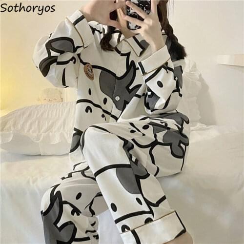 Women Printed Pajama Sets Loose Long Sleeve Tops Cozy Teenagers Trendy Full Length Pants Japanese Sleepwear Females Lounge Hot