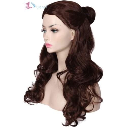 Uenel Women Long Wavy Brown Prestyled Cosplay Costume Wig with Detachable Bun