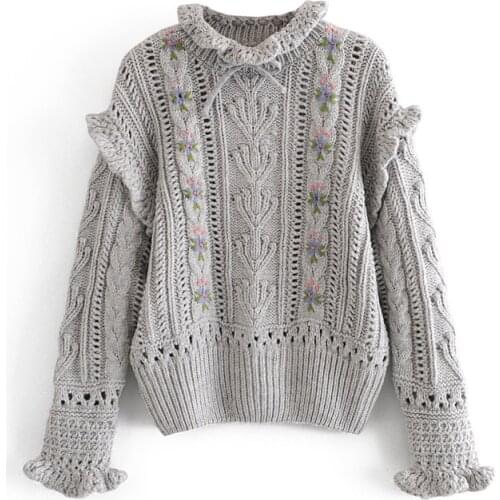 2021 Spring Sweater Long Sleeve Embroidery Gray Crew Neck Kint Swaeter Womens