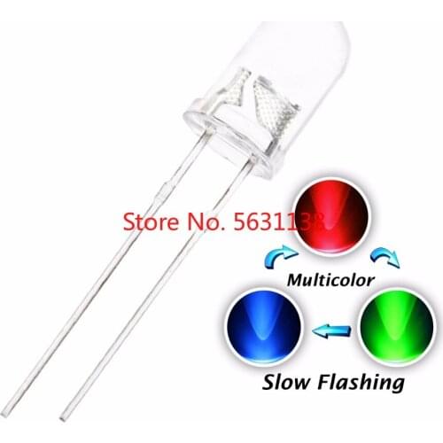 100pcs 5mm/f5 RGB Slow Flashing LED Red Green Blue 3 Colors Changing Multicolor Flicker Water Clear Round Head Lamps Light Beads
