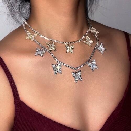 Ice Out New Women Butterfly Crystal Tennis Chain Choker Necklace Bohemia Fashion Rhinestone Metal Necklace Wedding Party Jewelry