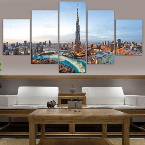 HD Prints Poster 5 Piece City Dubai View Paintings Modular Wall Art Home Decor Canvas Landscape Pictures Framework