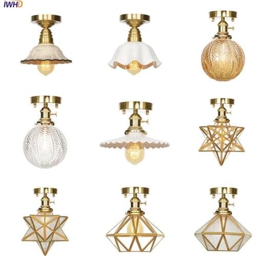 IWHD Modern Nordic Style Ceiling Light Glass Lampshade Copper LED Ceiling Lamp With Switch Creative Bedroom Light Retro Fixtures