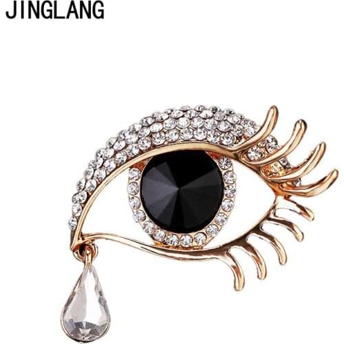 JINGLANG Classic Gold Color Crystal Tears Brooches Pins White Rhinestone Eye Brooches For Men Dress Decoration Jewelry