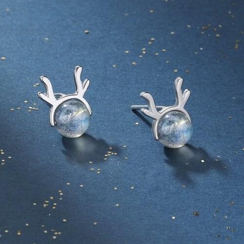 Korean Style Fine Jewelry Cute Elk Stud Earrings With Fashion Moonstone S925 Piercing Earrings For Women Birthday Christmas Gift