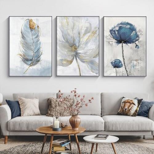 Scandinavian Poster Plant Blue Flower Canvas Art Painting Nordic Print Feather Decoration Picture for Living Room Home Decor