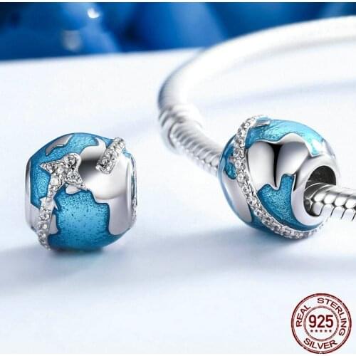 Travel Around World Charms 100% 925 Sterling Silver Airplane Blue Beads Fit Original Bracelet Pendant DIY Necklace Jewelry