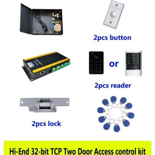 Hi-end 32-bit access control kit,TCP/IP two door +powercase+strike lock +ID touch keypad reader+button+10 ID tags,sn:kit-AT201