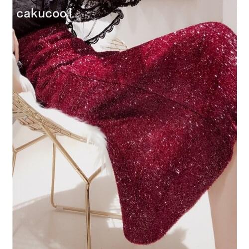 Cakucool Shiny Lurex Skirt Straight Mid Long Skirts Embellish Mermaid Skirts Trumpet High Waist Sexy Slim Red Maxi Skirt Black