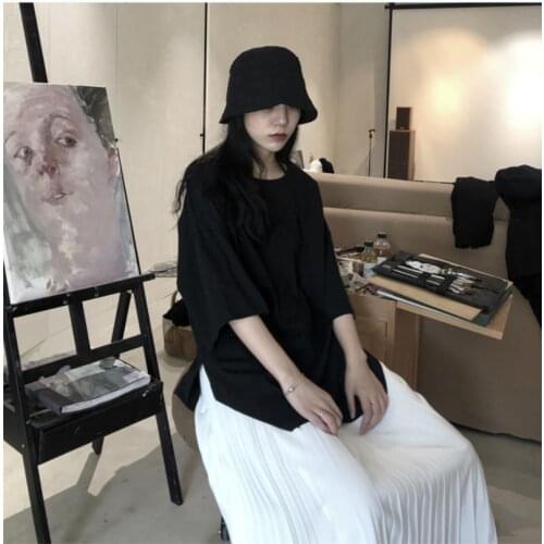 Summer womens new polygonal slits irregular seven minute sleeves T-shirt round collar solid long sleeves