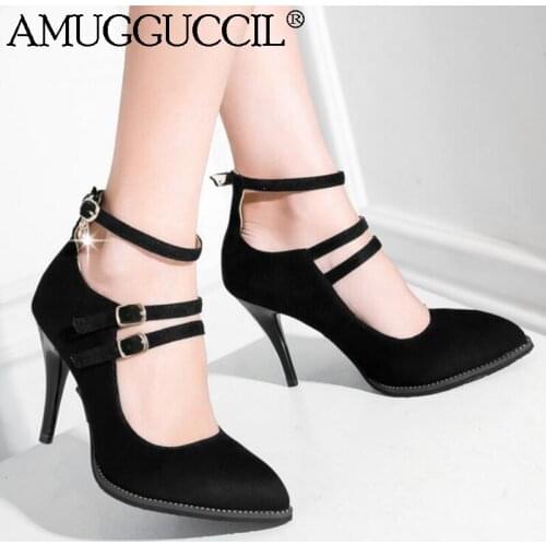 2020 New Plus Big Size 32-44 Black Wine-red Gray Buckle Fashion Sexy High Heel Spring Summer Female Lady Shoes Women Pumps D1310