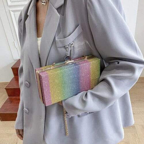 Rainbow Rhinestones Lady Evening Bags Candy Color Diamonds Party Handbags With Chain Shoulder Box Purse