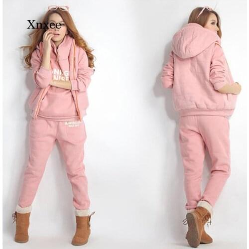 Autumn and Winter Womens Printed Casual Sportswear Three-Piece Hoodie Fleece Thickened Sports Suit Womens Jacket + Vest + Pant