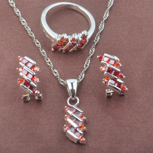 New Band Red Zirconia Womens Silver Color Jewelry Sets Necklace Pendant Earrings Ring TZ0544