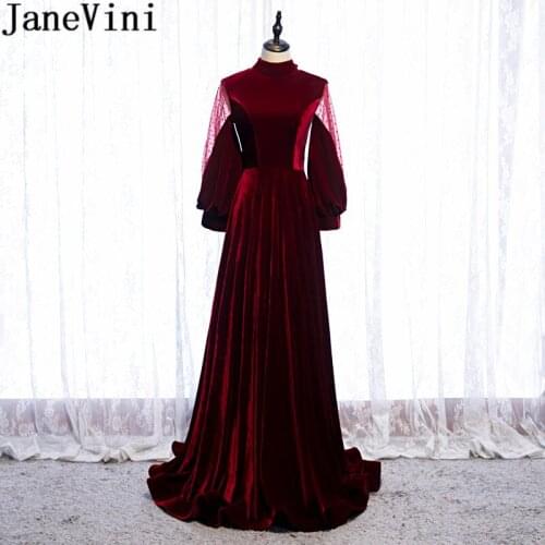 JaneVini 2020 Elegant Long Sleeve Formal Evening Dresses for Women Velvet A Line Vintage Burgundy Gown High Neck Prom Party Wear