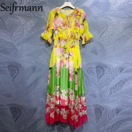 Seifrmann New 2021 Summer Women Fashion Runway Party Long Dress Lantern Sleeve Bow Gorgeous Ruffles Elastic Waist Print Dresses