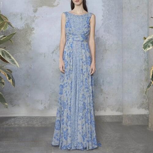 Summer dress 2021 new fashion temperament blue chiffon floral print high-end ankle dress woman