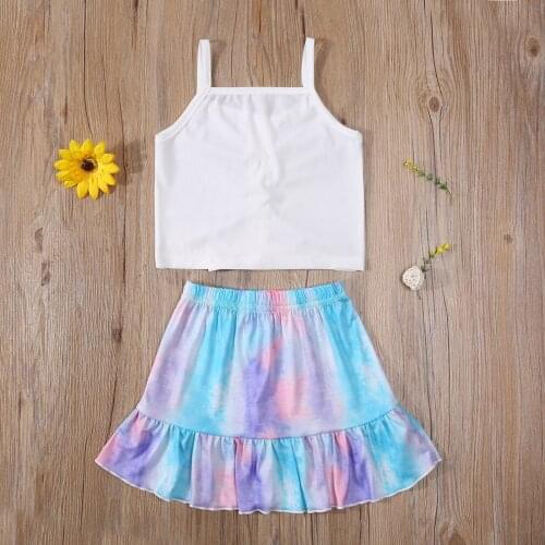 2021 2Pcs Sweet Style Little Girls Outfit,Summer Solid Color Sleeveless Drawstring Suspender Top + Random Dyeing Short Skirt Set