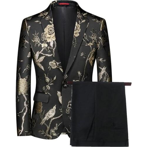2021 Elegant Custom Black Gold Floral Men Suit Blazers For Party Prom 2 Pieces Groom Wedding Suits Notched Lapel Mens Tuxedos