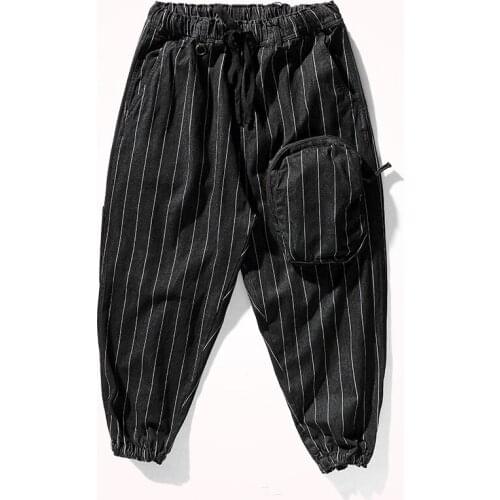 2021 Japanese Retro Black Striped Tooling Bread Pants Mens Fashion Washed Old Loose Denim Drawstring Casual Pocket Couple Pants