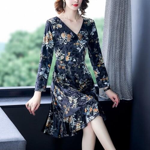 2021 Female Vintage Gold Velvet Floral Midi Dresses Autumn Winter Plus Size Sexy Long Sleeve Dress Women Bodycon Party Vestidos
